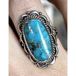 Turquoise Statement Ring Sterling Silver Large Oval Blue Stone Southwestern Sz 7